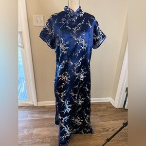 Jin Lin Asian influenced blue & white embroidered maxi dress SZ LG